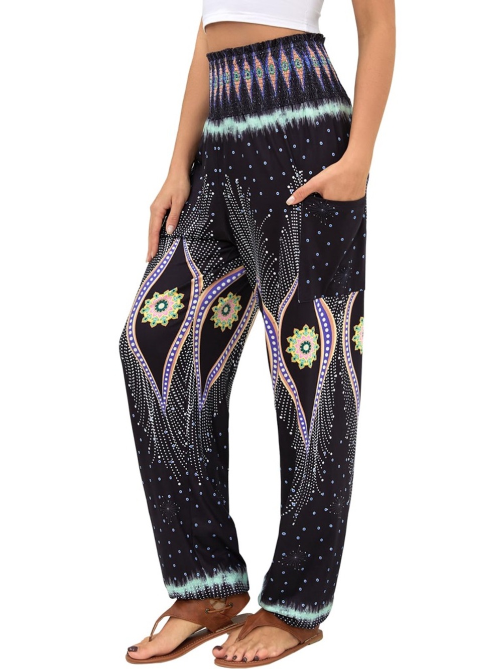 Women's Black Multi Wide Leg Boho Print Pants with Elastic Waist nwot